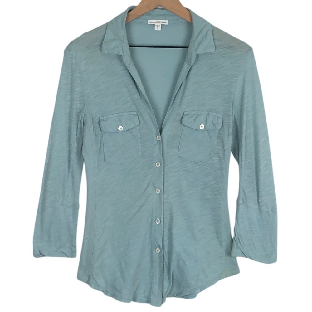 JAMES PERSE Standard Slub Supima Cotton Button Up Shirt Sz 2 Blue Green USA